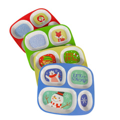 4E's Novelty four-color divided plates with Santa, snowman, reindeer, and elf designs