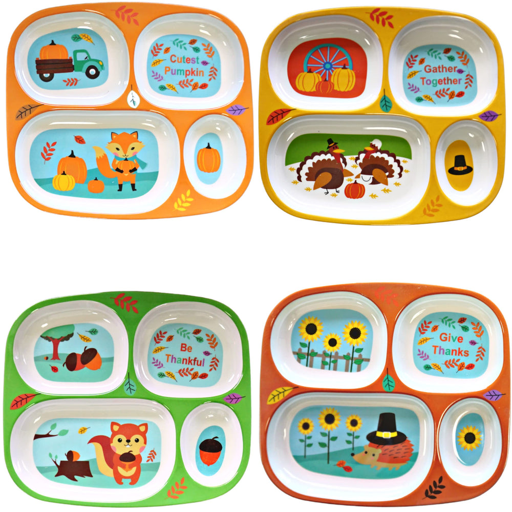 4E's Novelty divided fall plate supports portion control for toddlers.