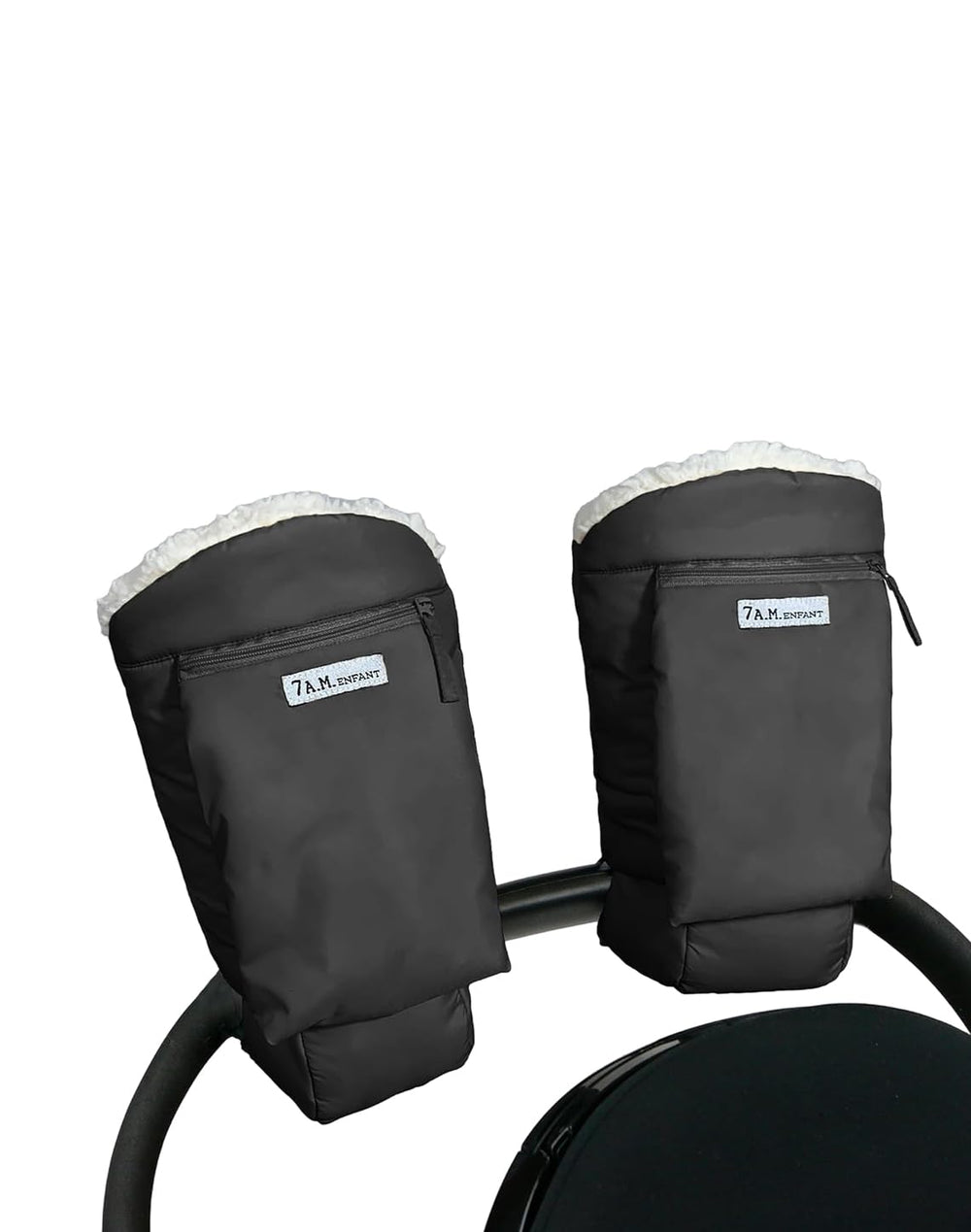 7 A.M. Enfant warmmuffs attach easily to most strollers for cold weather.