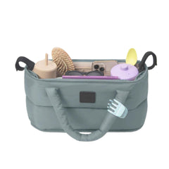 7 A.M. stroller caddy with cup holder for on-the-go drinks.