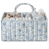 Blissful Diary Floral Diaper Caddy Organizer showcasing a neat, accessible setup for diapers and wipes.