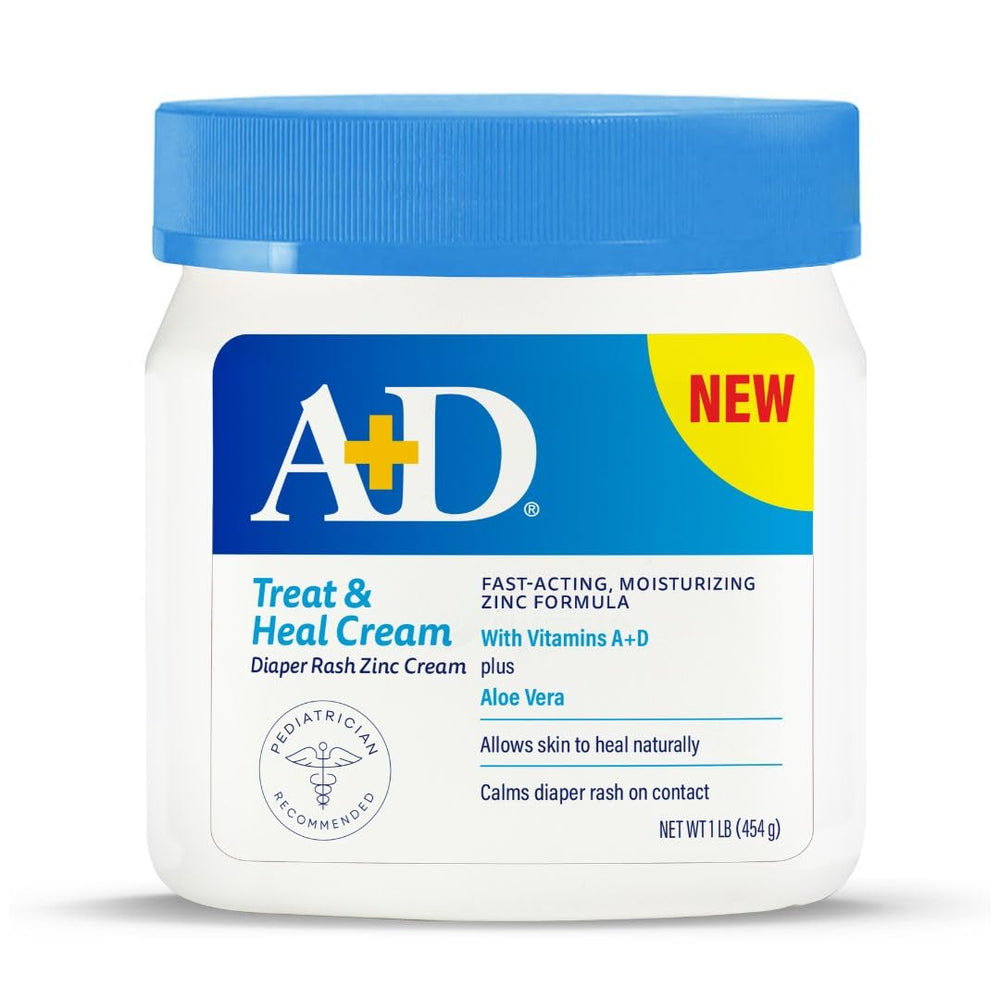 A+D Treat Heal zinc oxide diaper cream jar for easy, even application.