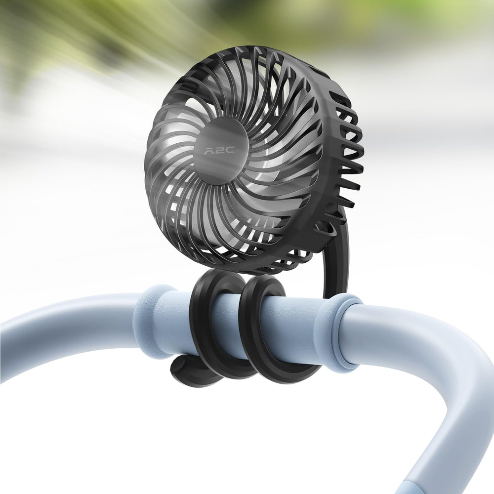 A2C portable stroller fan with safety front shield protecting tiny fingers.