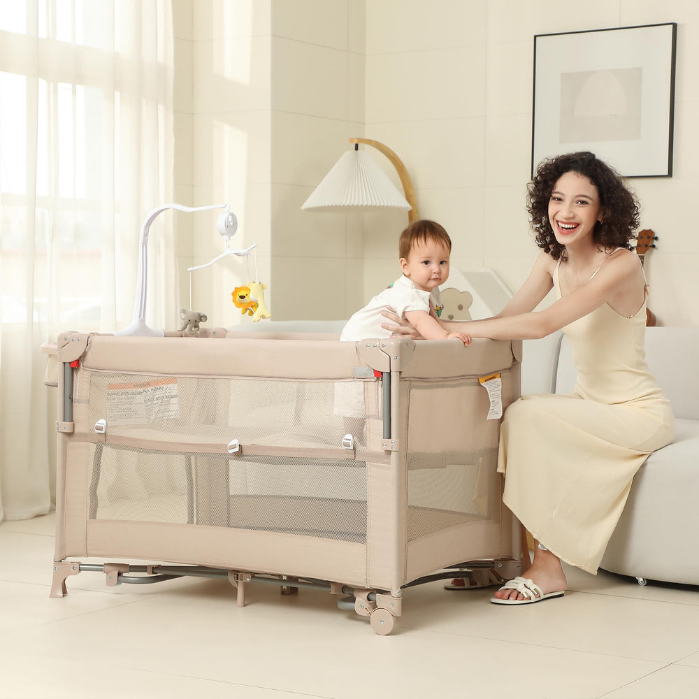 A2DAO 5 in 1 beige bedside-sleeper for newborn to toddler use.