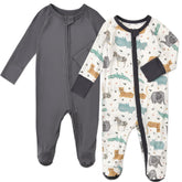 Aablexema baby footed coverall with animal print in black and gray, soft and breathable for newborns.