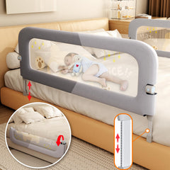 Abdtech Bed Guard Rail in fold-down position for easy bedtime stories and child comfort.