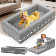 Abdtech 3-in-1 foldable toddler bed in grey, ideal for travel and naps.