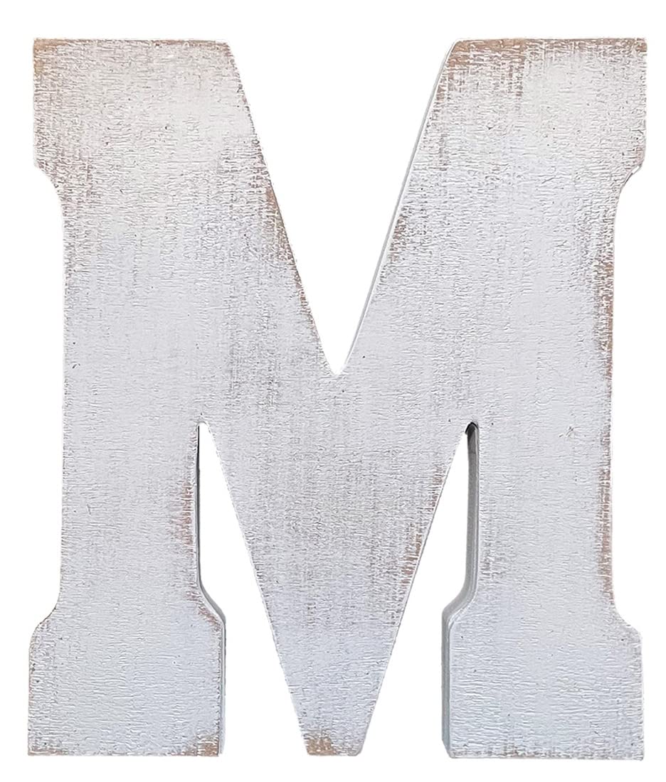 ABELOTS large wood letter M in distressed white wash stands as rustic wall decor.