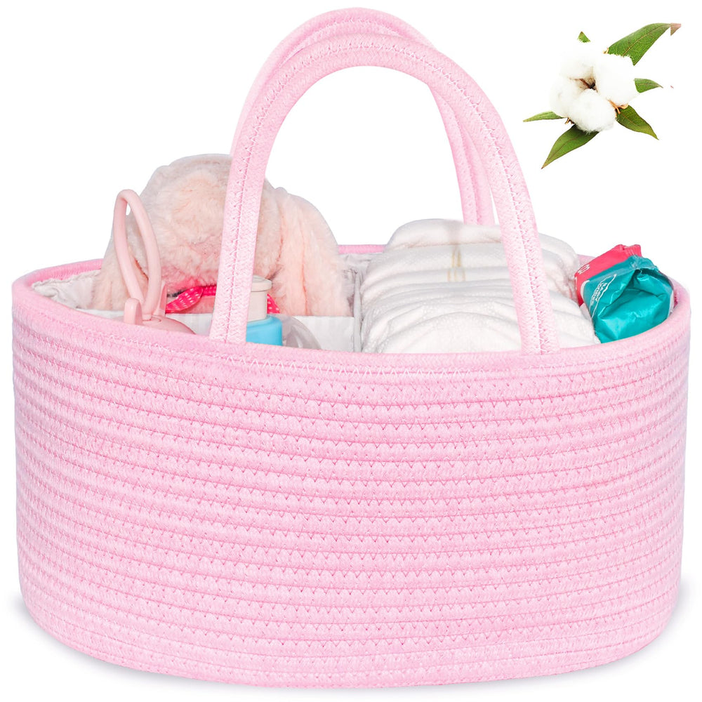 ABenkle diaper caddy front view keeps diapers and wipes within easy reach.