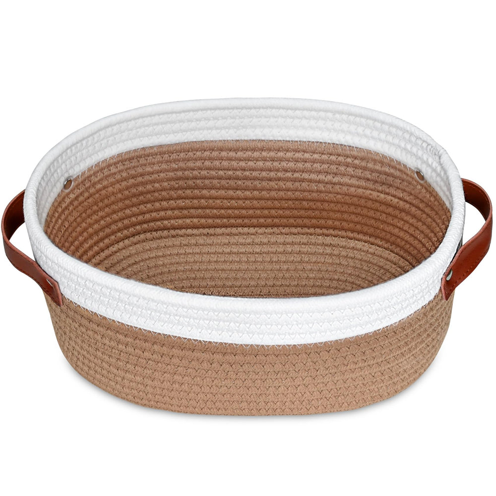 ABenkle small rope woven basket with leather handle, ideal for toy and towel organization