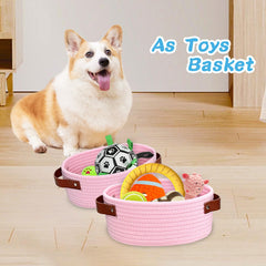 ABenkle pink basket filled with small toys keeps space tidy
