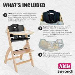 Abiie Beyond Junior chair showing adjustable harness for secure seating.