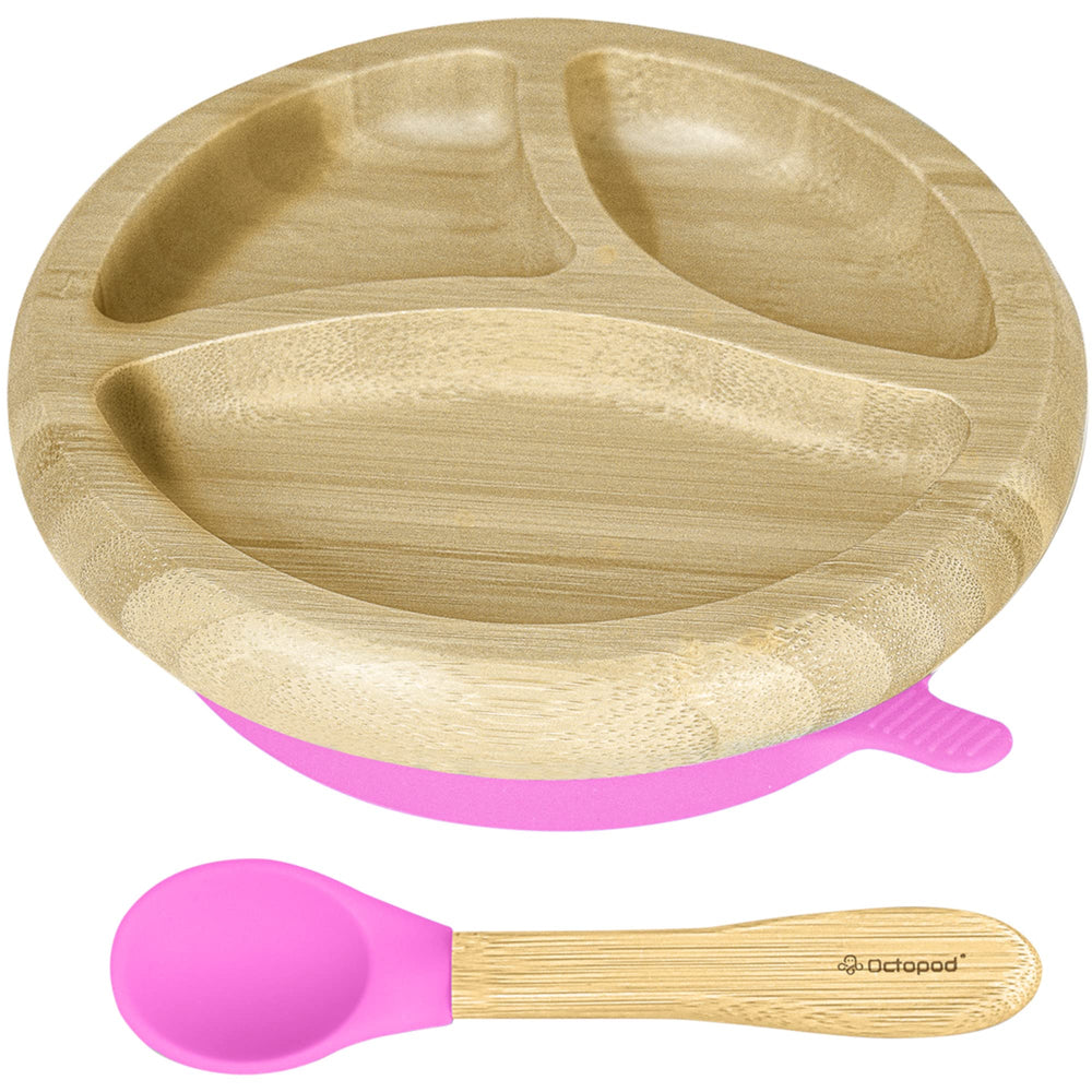 Abiie Octopod bamboo dish, side view showing strong suction for mess-free feeding.