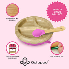 Abiie Octopod bamboo dish, top view shows three compartments for portion control during meals.