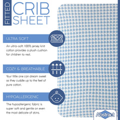 Abstract Argyle crib sheet blue, 100% cotton jersey for gentle sleep.