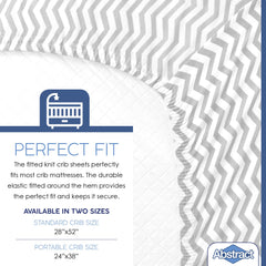 Abstract Cotton Crib Sheets gray zigzag close-up highlights breathable jersey cotton.