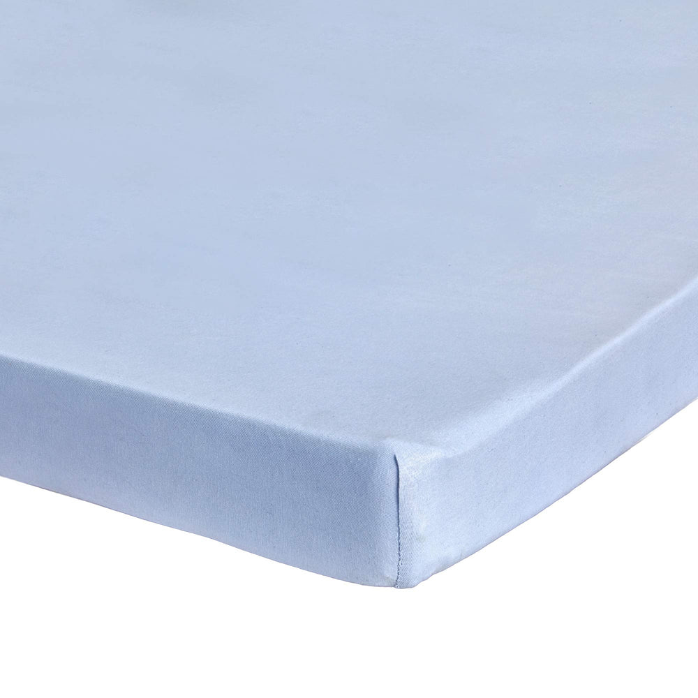 Abstract mini crib sheets solid blue closeup showcases soft jersey cotton for gentle sleep.