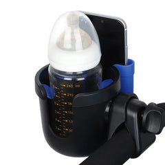 Accmor 2-in-1 cup and phone holder shown on a stroller for easy access.