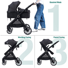 ACCOMBE reversible bassinet lets baby face you or forward during strolls