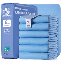 Accompagner waterproof blue pads, 36x36, pack of 6, for durable, reusable incontinence protection.