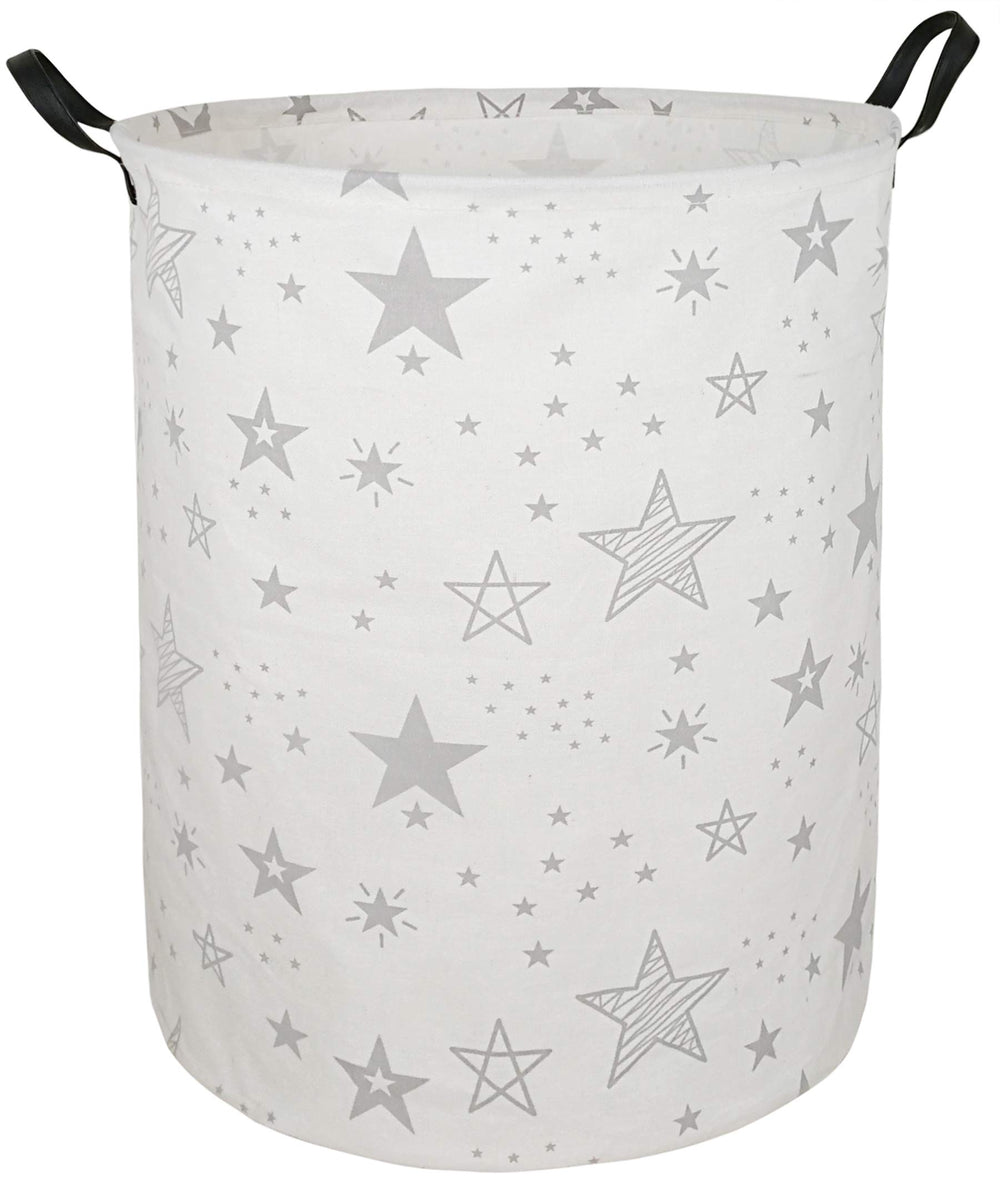 ACMUUNI round laundry hamper with handles and grey star design for easy transport.
