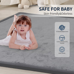 ACOMOPACK Baby Play Mat demonstrates 71x79 inch spacious size for tummy time.