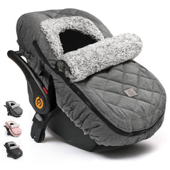 ACRABROS winter infant car seat cover closeup of zipper peep window for breathable, safe checks