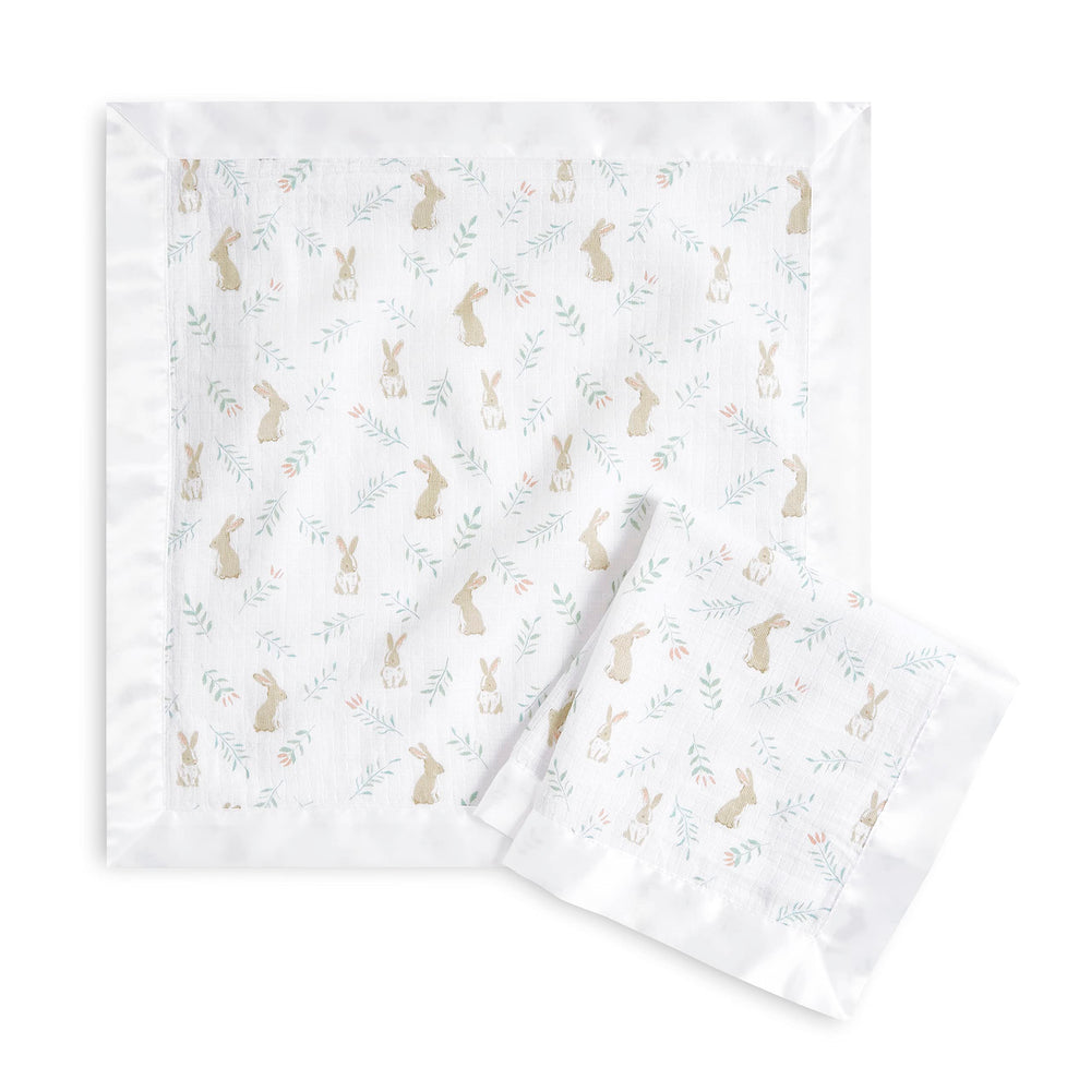 aden andanais Essentials Issie security blanket with satin trim in Blushing Bunnies for baby snuggles.