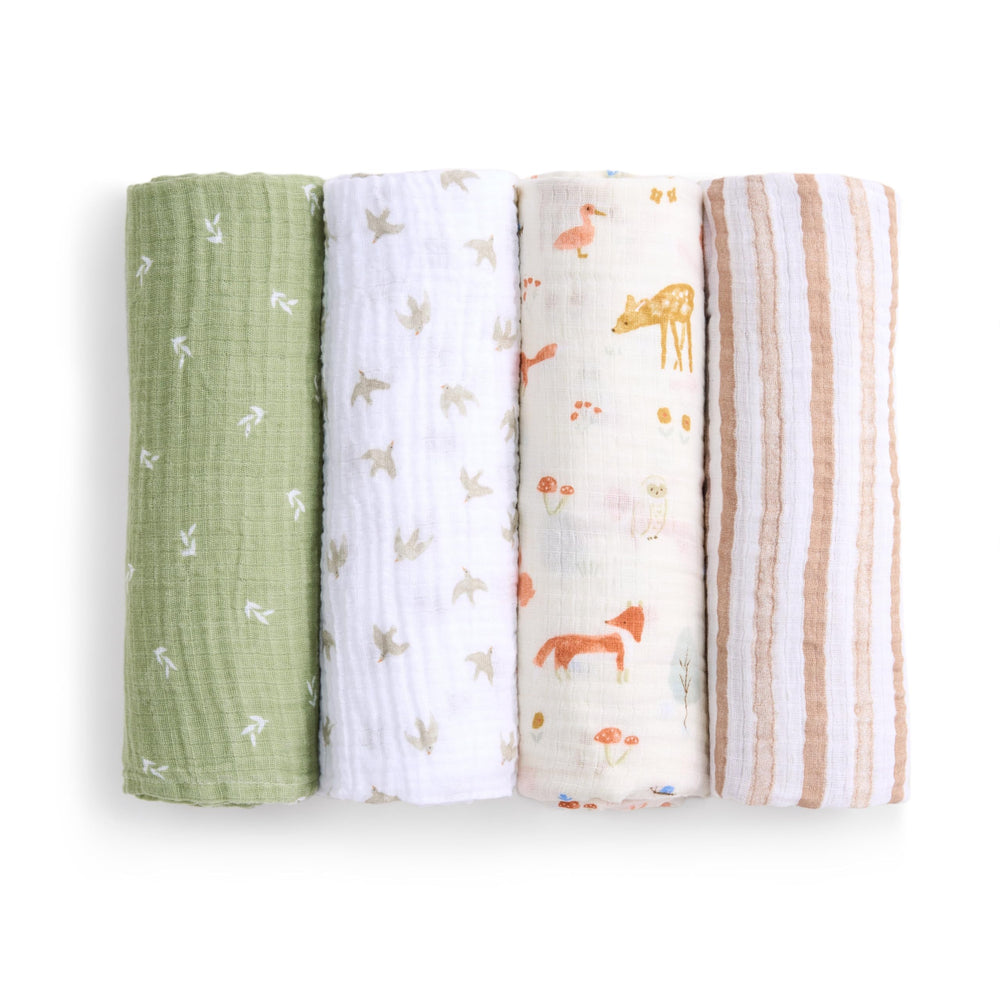aden + anais Essentials Sage Woodland swaddle blanket, breathable cotton for gentle baby comfort.