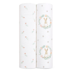 aden-anais Essentials Swaddle Blanket Blushing Bunnies, breathable muslin for gentle swaddling.