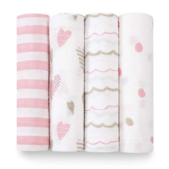 aden +anais Heart Breaker swaddle blanket laid flat for gentle newborn wrapping