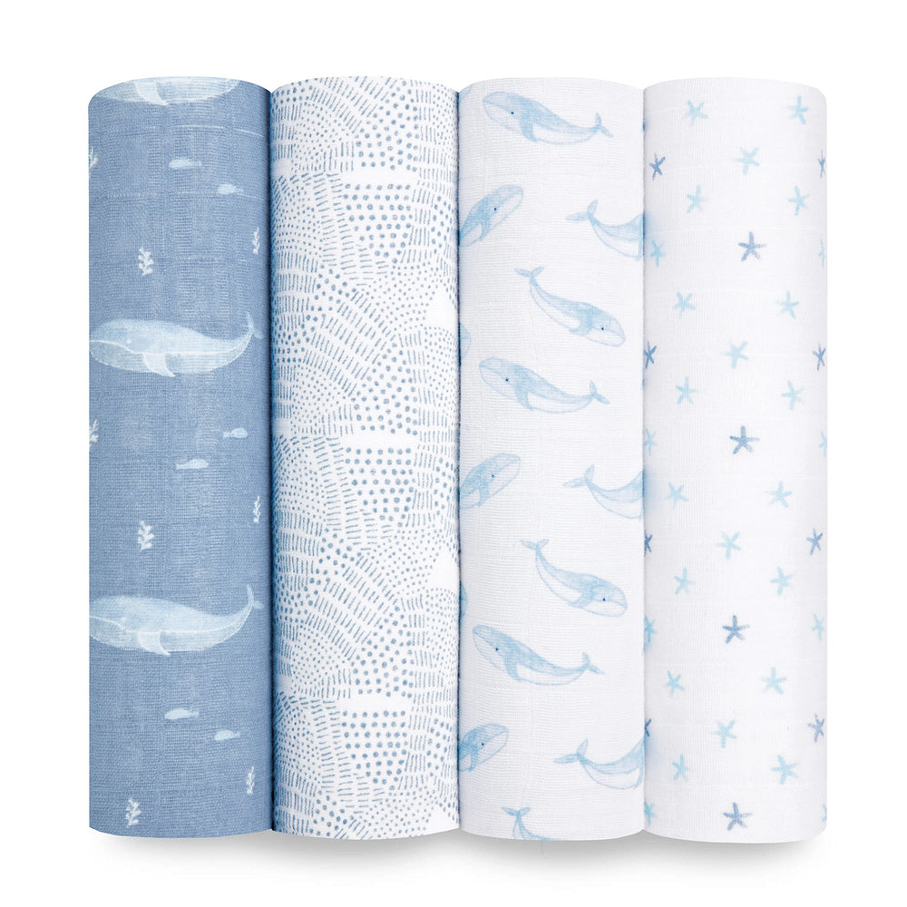 aden + anais Oceanic swaddle blanket: front view shows soft organic cotton muslin.