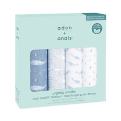 aden + anais Oceanic swaddle blanket: baby swaddled for calm sleep.