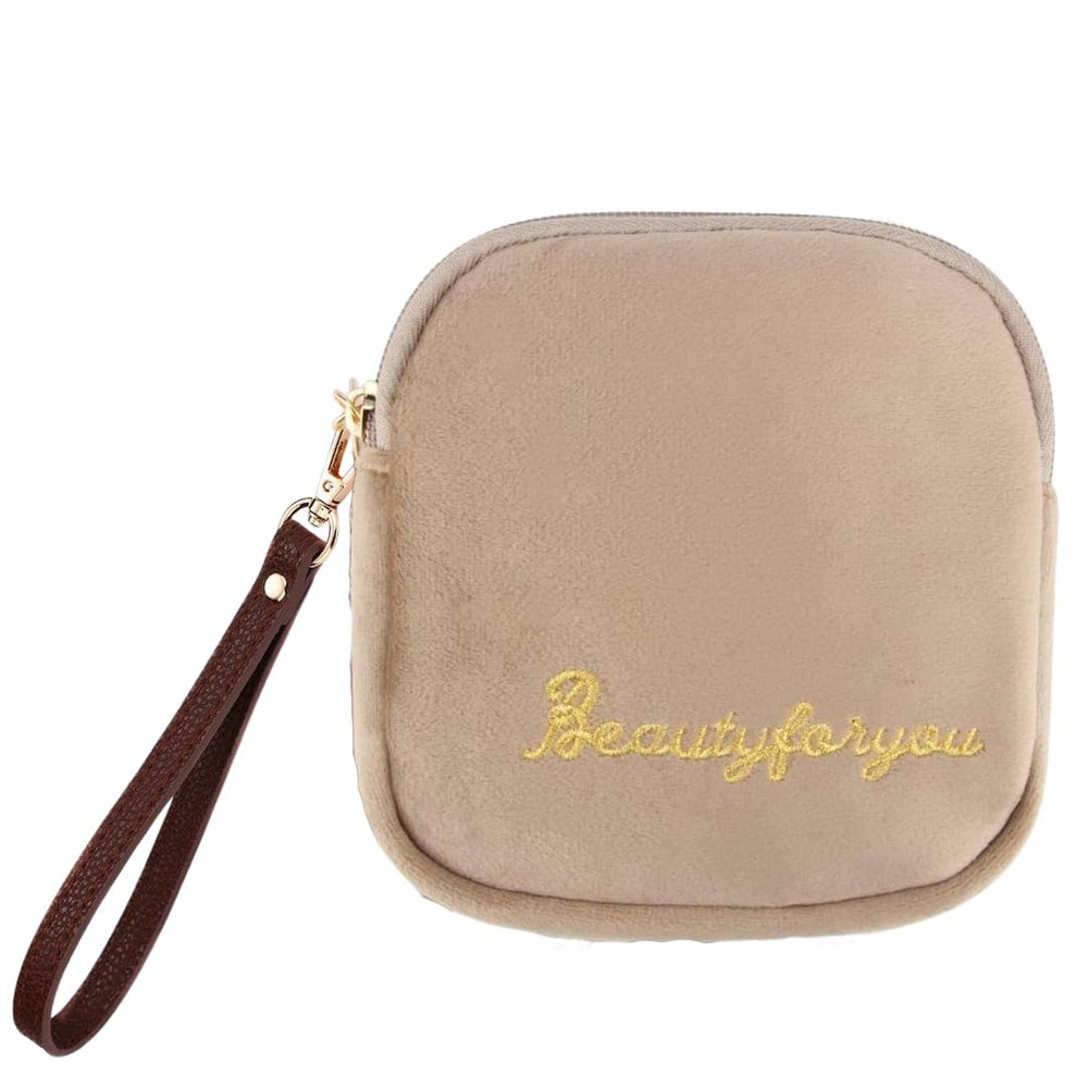 Adorable Pink Peri pocket velvet storage bag shown for discreet pad storage on the go.