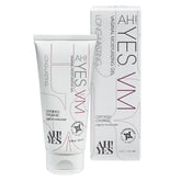 AH! YES VM bottle close-up emphasizing organic, estrogen-free formula for comfort.