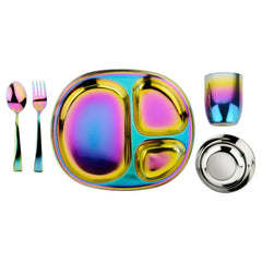 Ahimsa divided plate with rainbow finish, durable and easy to clean during family meals.