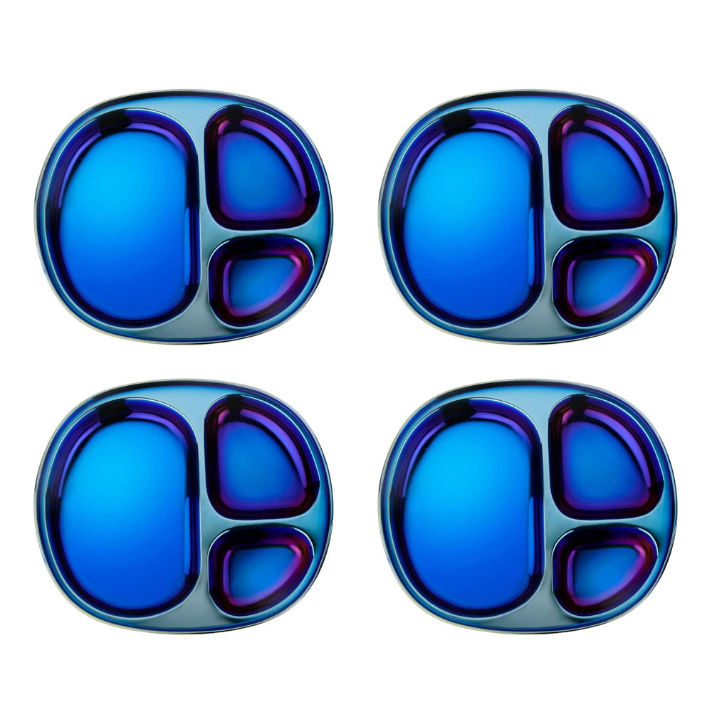 Ahimsa iridescent blue divided plate closeup illustrating vibrant self-feeding design for kids.