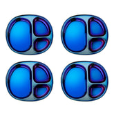 Ahimsa iridescent blue divided plate closeup illustrating vibrant self-feeding design for kids.