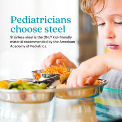 Ahimsa pediatrician-designed plate in mirror-polished steel resists warping and staining.