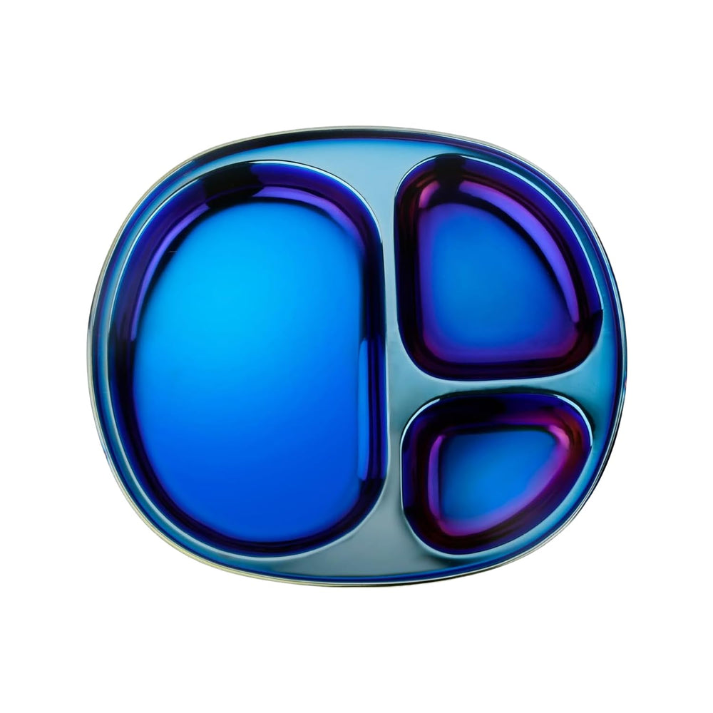 Ahimsa stainless steel kids plate in iridescent blue supports independent feeding.
