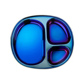 Ahimsa stainless steel kids plate in iridescent blue supports independent feeding.