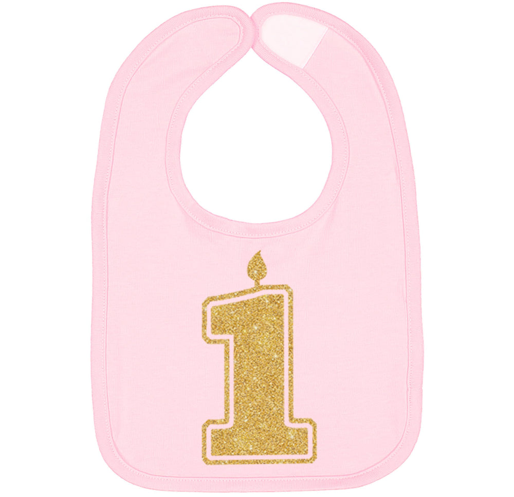 Aiden's Corner gold one birthday bib on display, elegant party accessory for cake smash