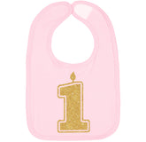 Aiden's Corner gold one birthday bib on display, elegant party accessory for cake smash