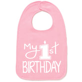 Aiden's Corner My 1st Birthday bib in white and pink, soft cotton for cake smash comfort.