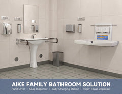 AIKE changing station folded against wall saves space in compact restrooms.