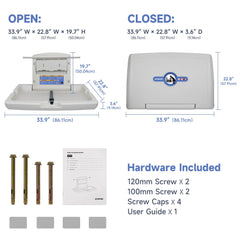 AIKE changing station open with fold-out surface and guardrail for safety.