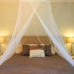 Ailelan mosquito net canopy over a king bed showing breathable protection against insects.