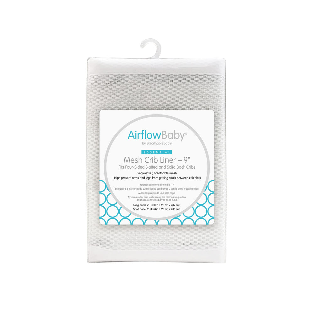 AirflowBaby breathable mesh liner for full-size crib showing 9 inch height, safe airflow and limb protection