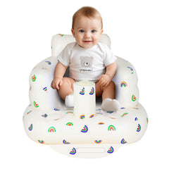 AirSwim inflatable baby chair with rainbow pattern offers cozy seating for babies.