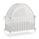 Akiky crib tent over a crib, fully opened for quick setup.